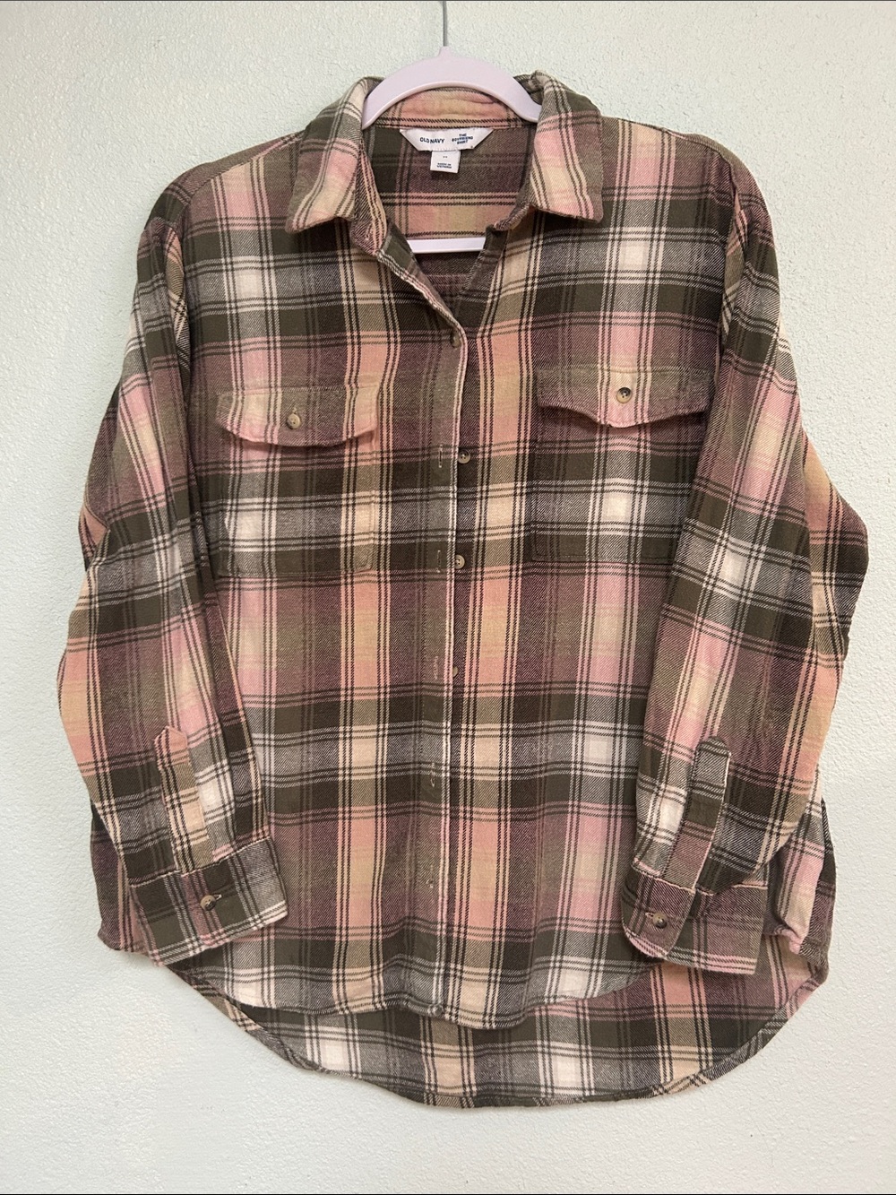 Old Navy Pink and Olive Plaid Button-Down Shirt
